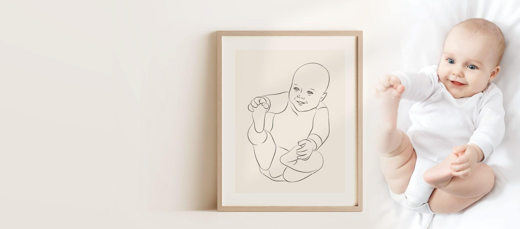 Un'immagine Miroar Line Art di un bambino sorridente come idea regalo di nascita in una cornice in legno di quercia
