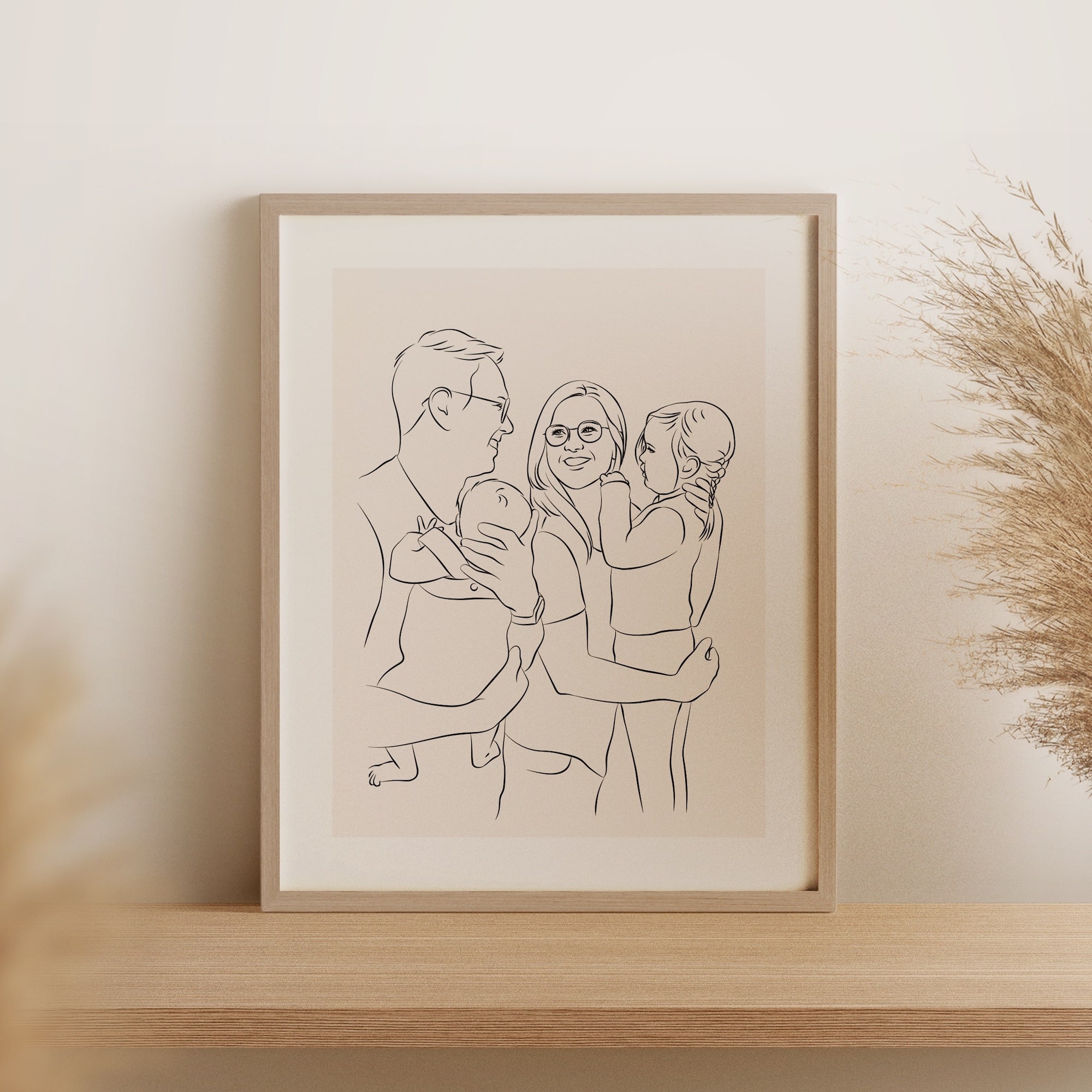 Giovane famiglia con 2 bambini disegnata in Line Art