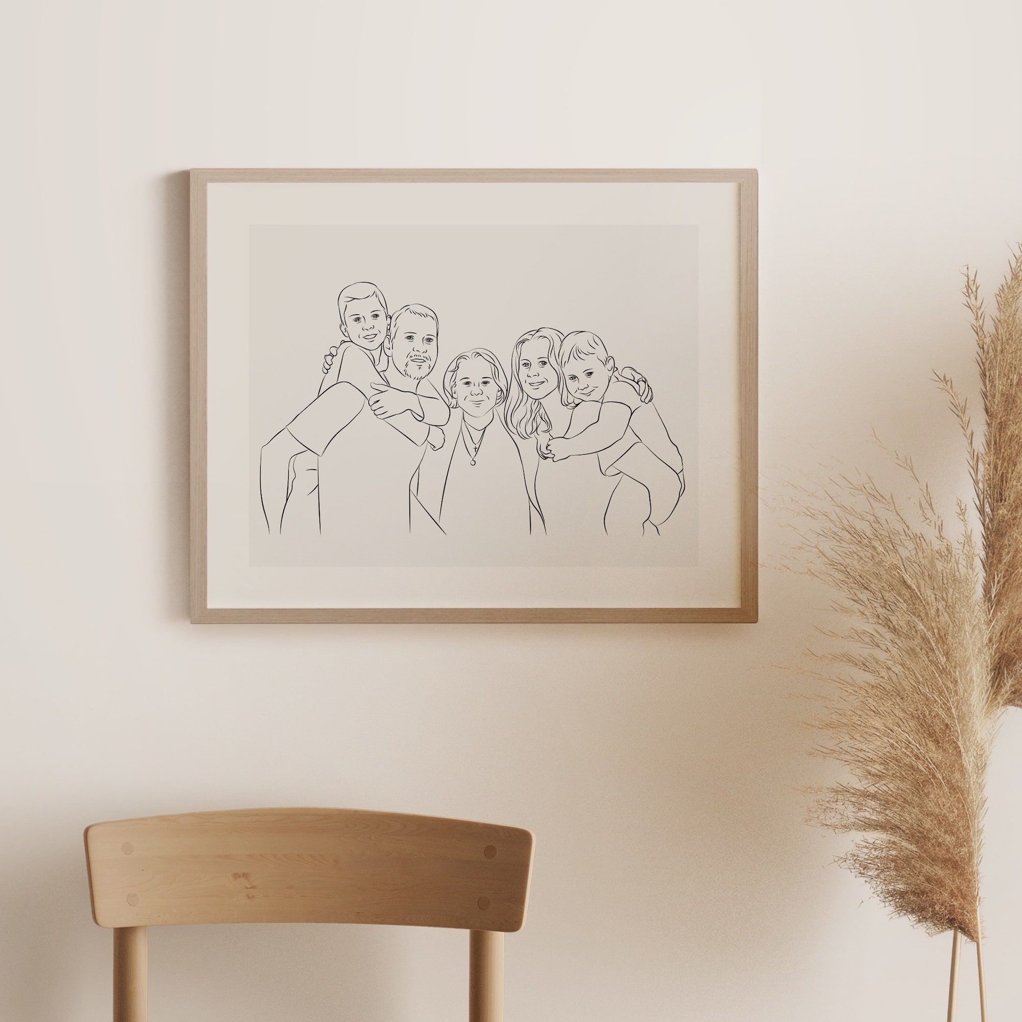 Foto di famiglia disegnata in Line Art con la nonna al centro dell'immagine
