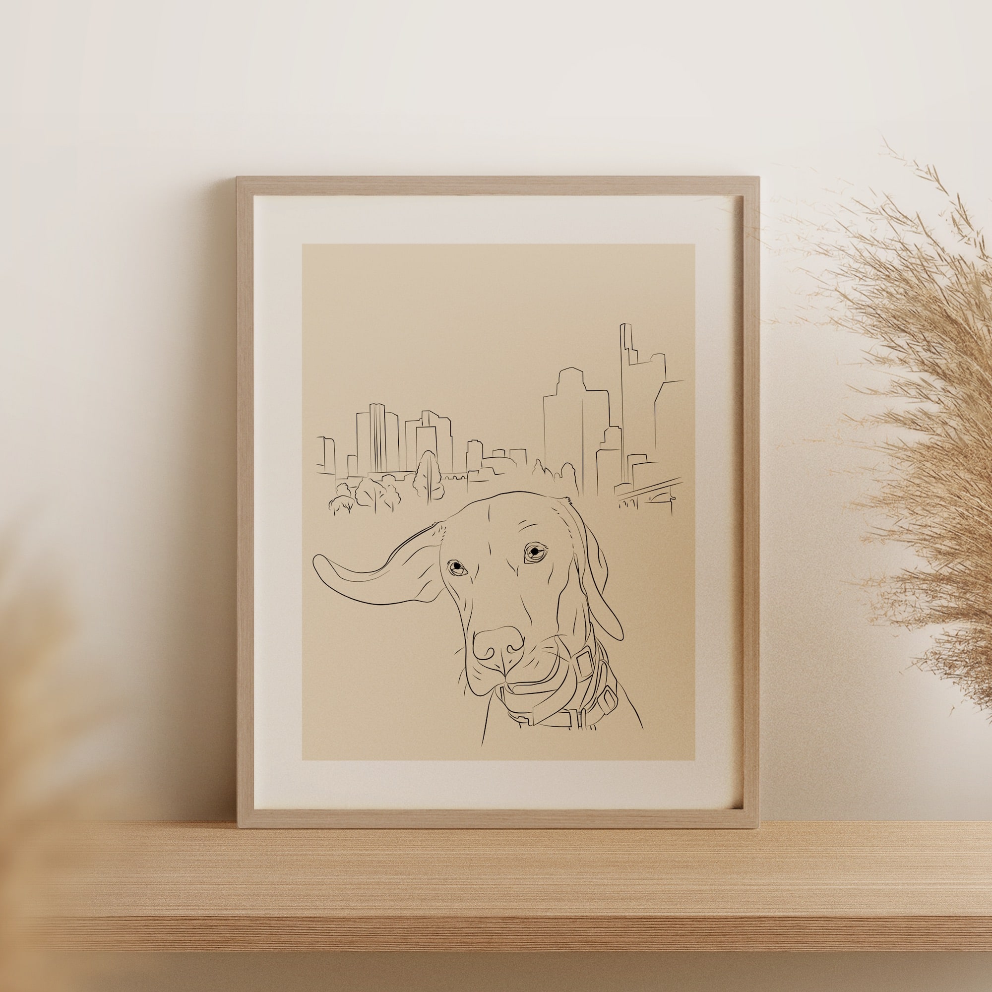 Un disegno Line Art di un cane e dello skyline di Francoforte