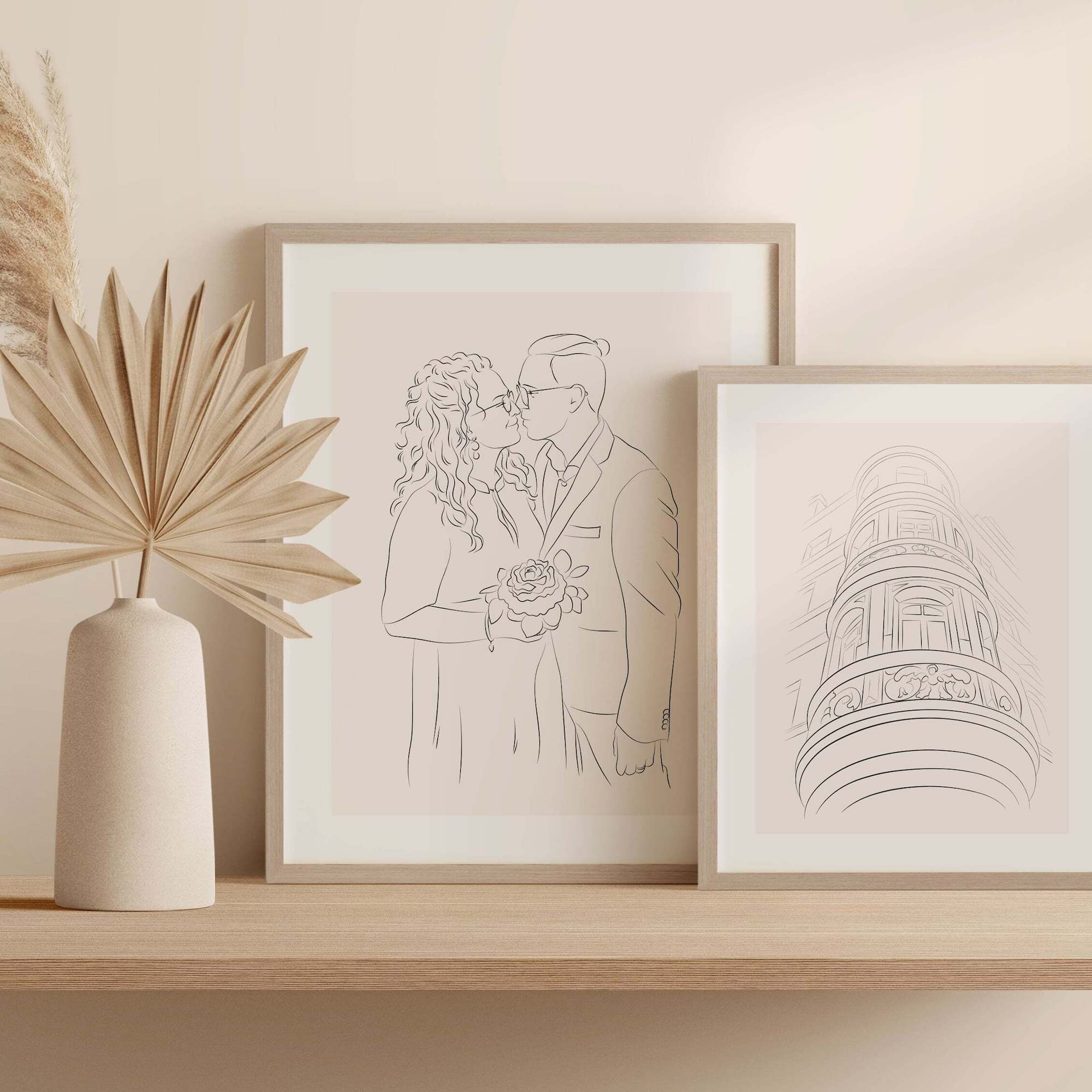 Disegno della facciata di una casa in Line Art accanto a un'illustrazione di coppia