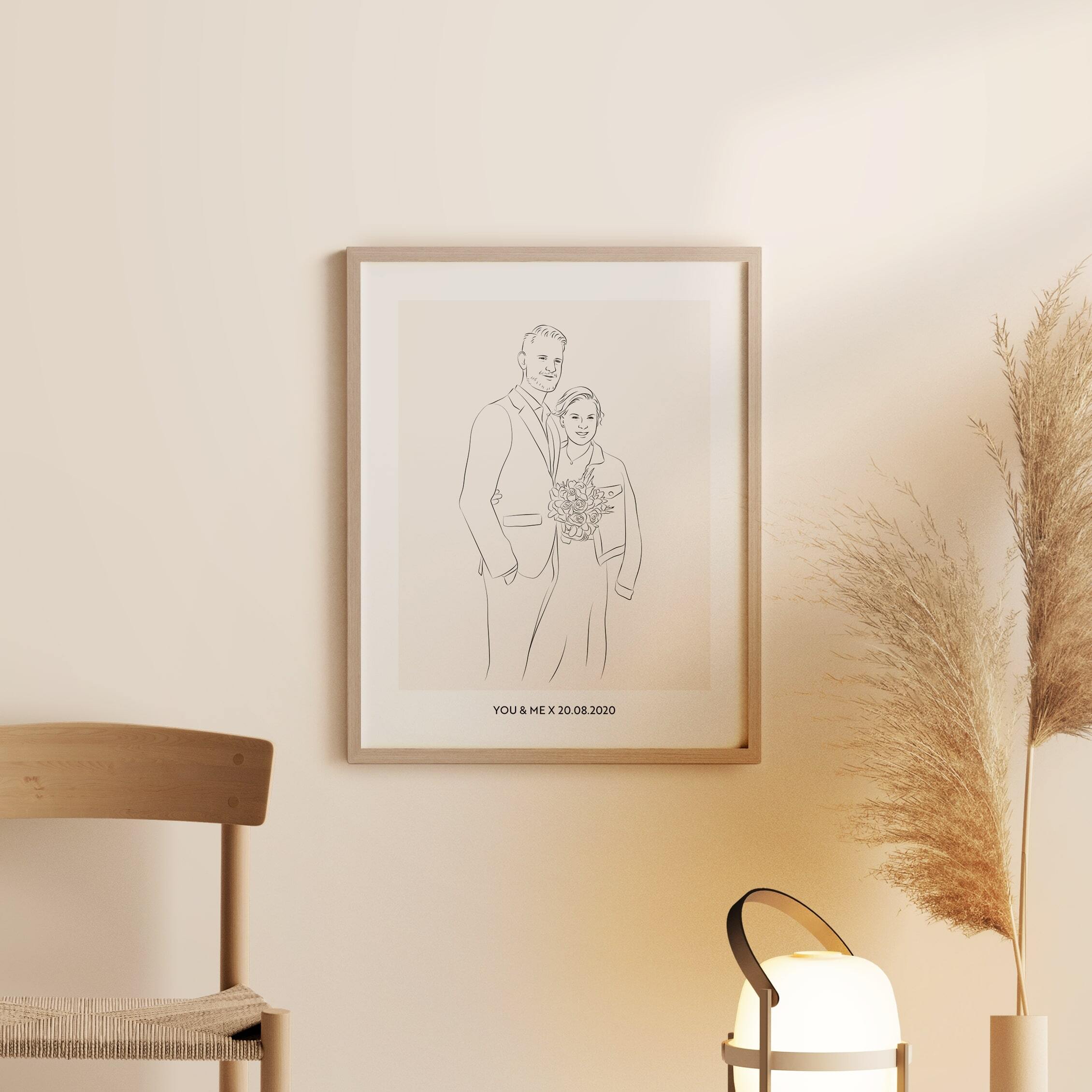Illustrazione Line Art di una coppia di sposi con bouquet e data di matrimonio come sottotitolo