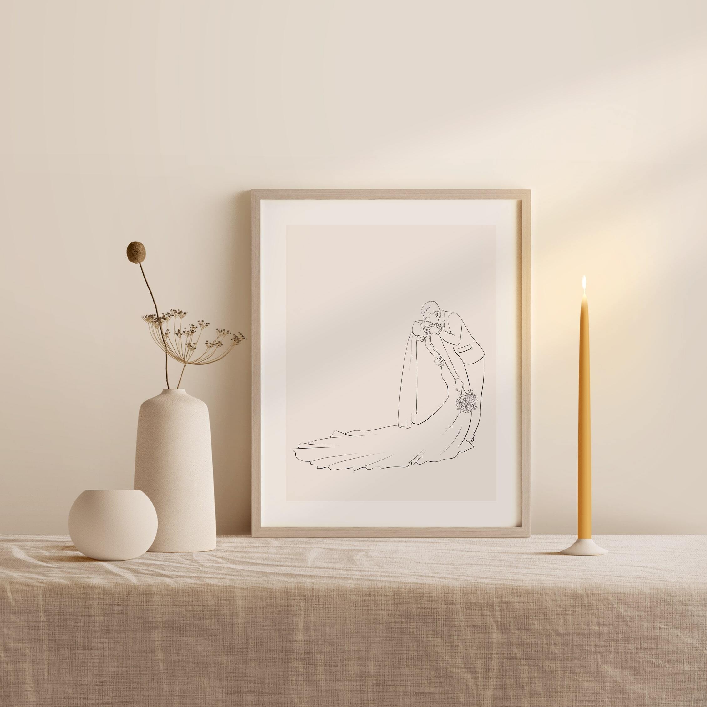 Foto di matrimonio di una coppia che si bacia in una vista di profilo, illustrata in Line Art