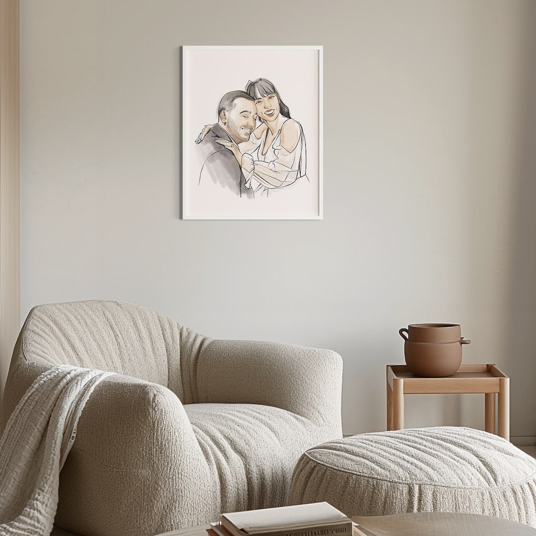 Illustrazione colorata di una coppia che si abbraccia al loro matrimonio, vista frontale